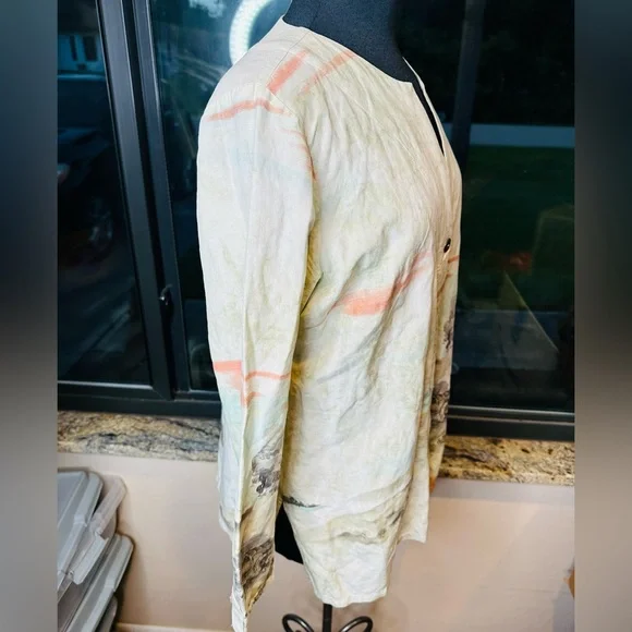 Citron Beige Tunic Landscape Scenery Silk Linen Blend Button Down Size Large - Picture 4 of 8